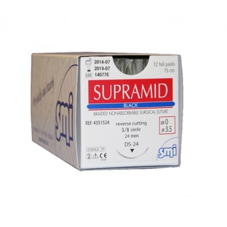 Supramid sutur 4-0, DS 19 mm nål, 75cm, svart, icke-resorp., 12 st.