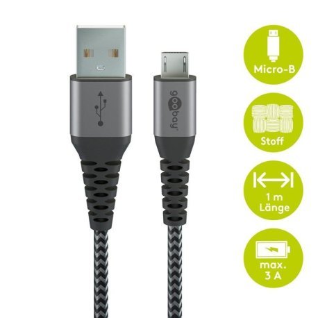 USB-A 2.0 till Micro USB laddnings- och datakabel, textil, svart/grå, 1m